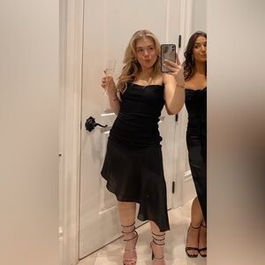 PERFECT NYE Elegant Dress - Black Mesh Detail Slit Cami Strap Midi Dress